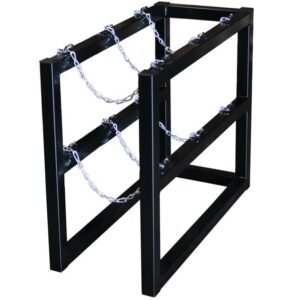The Justrite Gcyl Barricade Rack,1X3 is a black metal stand with a rectangular frame featuring two horizontal bars on each side and silver chains forming a supportive grid. It stands empty against a white background.