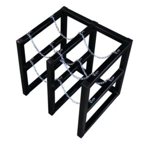 The Justrite Gcyl Barricade Rack,2X2 features a black metal design with three sections connected by chains, crafted from 2X2 rectangular frames to securely hold multiple bicycles in style.