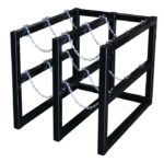 The Justrite Gcyl Barricade Rack,2X3 is expertly crafted to hold six propane tanks in three sections. Its black metal frame with silver chains firmly secures each tank, ensuring a sturdy rectangular structure.