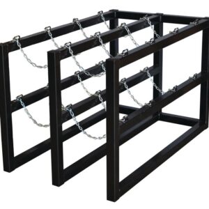 The Justrite Gcyl Barricade Rack,2X4 is a black metal rack featuring three sections secured with cross-linked chains. Its open industrial design and sturdy rectangular frame make it ideal for storing cylindrical items with both strength and style.