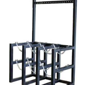 The Justrite Gcyl Barricade Rack, Prcss, 3X2, is a steel frame rack with multiple compartments separated by robust metal chains.