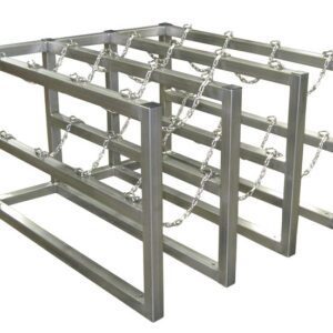 Three steel 3X4 frames, similar to the Justrite Gcyl Barricade Rack, are aligned parallel and linked by chains, creating a sleek industrial look.