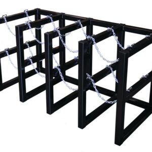 The Justrite Gcyl Barricade Rack, 4X2, features a black metal frame with square sections connected by silver chains. Its perfect for organizing cylindrical items and stands out against a white background.