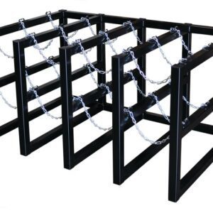 The black metal Justrite Gcyl Barricade Rack, 4X3, features multiple rows and tiers connected with hanging chains. Its open rectangular design is ideal for storage or support solutions, providing organized versatility.
