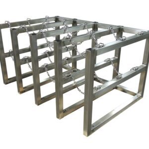 The Justrite Gcyl Barricade Rack,4X3,Ss features a stainless steel frame made of rectangular prisms linked by chains, with a sleek design showcasing three parallel horizontal sections.