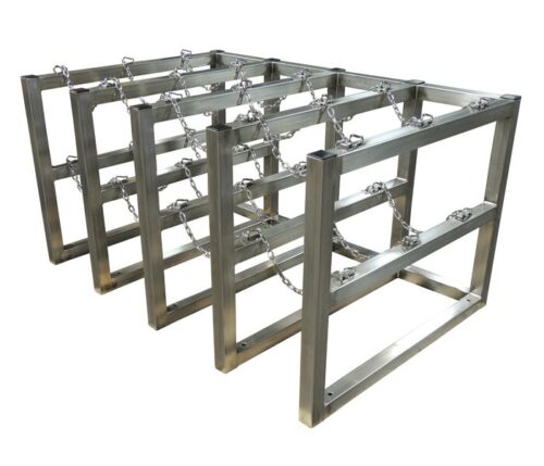 The Justrite Gcyl Barricade Rack,4X3,Ss features a stainless steel frame made of rectangular prisms linked by chains, with a sleek design showcasing three parallel horizontal sections.