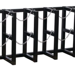 The Justrite Gcyl Barricade Rack,5X1 is a stylish black metal bike rack with a zigzag design and features chains between vertical bars to securely anchor multiple bicycles, making it perfect for outdoor use.