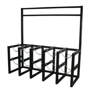 The Justrite Gcyl Barricade Rack, Prcss, 5X2, features a sleek black metal frame with five slots and chains for security, ideal for parking equipment or safely storing bicycles.