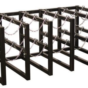 The Justrite Gcyl Barricade Rack, 5X3, is a black metal storage unit with five sections and safety chains, designed to securely hold and organize multiple gas cylinders.