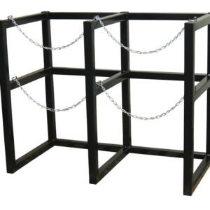 The Justrite Gcyl Barricade Rack,2Cryo,22In features a sleek black metal frame with dual-cylinder storage. Each of its two sections includes a front chain to securely hold your gas cylinders.