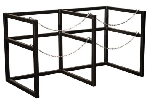 The Justrite Gcyl Barricade Rack, 2Cryo, 33In, is a sleek black metal bike rack with a rectangular design featuring robust chains between bars to secure bicycles, efficiently accommodating multiple bikes.