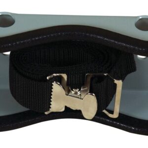 A black strap with a metal buckle is coiled and mounted on a Justrite Gcyl Supbrkt, Wl, 1Cyl, Stl in light gray. Two holes in the wall bracket suggest it can be fixed to a wall or surface.