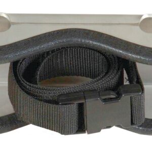 The Justrite Gcyl Supbrkt, Wl, 1Cyl, Ss includes a black strap with a buckle coiled on it, featuring a metallic holder with two screw holes. The strap is secured between protective coverings for stability and durability.