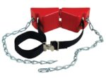 A pair of red plastic boot-like objects connected by a metal chain and black strap with a buckle for restraint or training highlight durability and practicality, similar to the reliable engineering of Justrite Gcyl Supbrkt, Wl, 1Cyl, Poly, G110.