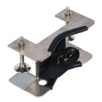 The Justrite Gcyl Supbrkt, Bch, 1Cyl, Ss is a metallic clamp with two adjustable screws and a sleek black strap. This T-shaped design with rounded edges elegantly rests on a white surface, balancing form and function.