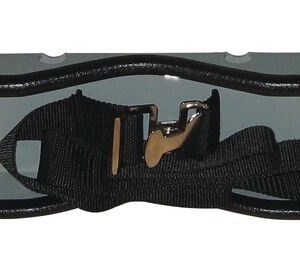 The Justrite Gcyl Supbrkt, with 1Cyl-16In dimensions, is a gray metal bracket featuring a black strap and buckle. Its design includes holes on each side and a slight middle curve, providing sturdy support.