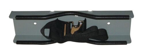 The Justrite Gcyl Supbrkt, with 1Cyl-16In dimensions, is a gray metal bracket featuring a black strap and buckle. Its design includes holes on each side and a slight middle curve, providing sturdy support.