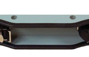 Introducing the Justrite Gcyl Supbrkt, Bch, 2Cyl, Stl: a sturdy rectangular metal bracket with two protruding sections, black straps with metal buckles, multiple round holes, and a curved edge design. Ideal for your 2Cyl storage needs.