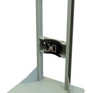 The Justrite Gcyl Stnd,1Cyl,Stl is a metal stand with a flat base and vertical supports. It features two horizontal straps with buckles for stabilizing cylindrical objects. The light gray design complements its functional purpose perfectly.