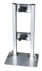 The Justrite Gcyl Stnd,1Cyl,Ss is a stainless steel bracket mount with two adjustable straps, featuring a sturdy base and vertical support for secure positioning. Its sleek metal finish adds to its durable appearance.