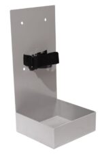 The Justrite Gcyl Stnd,1Cyl,Wall,Stl features a sleek gray metal mount with a sturdy rectangular base and two screw holes for easy installation. It includes a black adjustable strap to securely hold fire extinguishers or cylindrical objects.