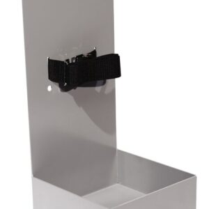 The Justrite Gcyl Stnd,1Cyl,Wall,Stl features a sleek gray metal mount with a sturdy rectangular base and two screw holes for easy installation. It includes a black adjustable strap to securely hold fire extinguishers or cylindrical objects.