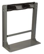 The Justrite Gcyl Stnd,2Cyl,Stl features a gray metal frame and black straps to securely hold or support up to two cylinders. Its robust design includes a base and side supports with holes for easy mounting or securing.