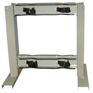 A durable Justrite Gcyl Stnd,4Cyl,B2B,Stl with a rectangular frame includes adjustable supports and two black securing straps. Ideal for vertical surfaces with angled side legs and a light gray finish, perfect for B2B installations.