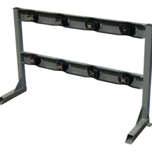The Justrite Gcyl Stnd,4Cyl,Inline,Stl is a metal cable reel rack with two horizontal beams holding multiple inline reel holders. Supported by sturdy angled legs for stability, it efficiently holds and dispenses multiple reels of cable.
