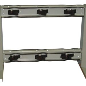 The Justrite Gcyl Stnd,6Cyl,B2B,Stl metal rack features four adjustable straps and a rectangular frame with two horizontal supports and sturdy footplates for stability, ideal for securely organizing or holding equipment.