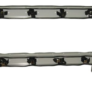 The Justrite Gcyl Stnd is a sturdy gray steel rack with black clips, featuring two horizontal bars that securely hold four bow cases. Its stable base and efficient B2B design make it ideal for organized storage.