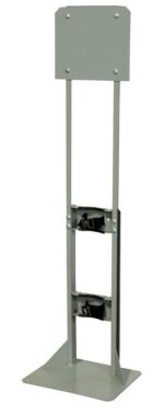 The Justrite Gcyl Stnd,Prst,1Cyl,Stl is a tall gray metal stand with a wide base and two vertical bars supporting a top rectangular panel and adjustable middle clamps, perfect for securely displaying or holding items.