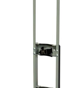 The Justrite Gcyl Stnd,Prst,1Cyl,Stl is a tall gray metal stand with a wide base and two vertical bars supporting a top rectangular panel and adjustable middle clamps, perfect for securely displaying or holding items.