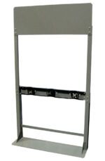 The Justrite Gcyl Stnd,Prst,3Cyl,Stl is a metal stand with a sturdy rectangular frame and two horizontal belts with buckles for secure support, ensuring durability and reliability in various settings.