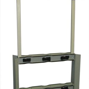 The Justrite Gcyl Stnd,Prst,6Cyl,B2B,Stl is a metal stand with two vertical supports and a horizontal base with multiple hooks. Featuring a flat panel top with pre-drilled holes and finished in light gray, its ideal for securely organizing or displaying items.