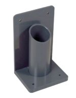 A gray PVC pipe holder, like the Justrite Gcyl Stnd,1Cyl,Bch-Wall,2In, features a cylindrical opening on a 2In wide rectangular base with four screw holes for secure wall mounting.