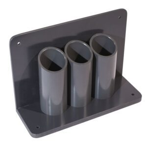 The Justrite Gcyl Stnd,3Cyl,Bch-Wall,2In gray plastic holder securely organizes three rods in parallel cylindrical tubes and features four screw holes for easy wall mounting.