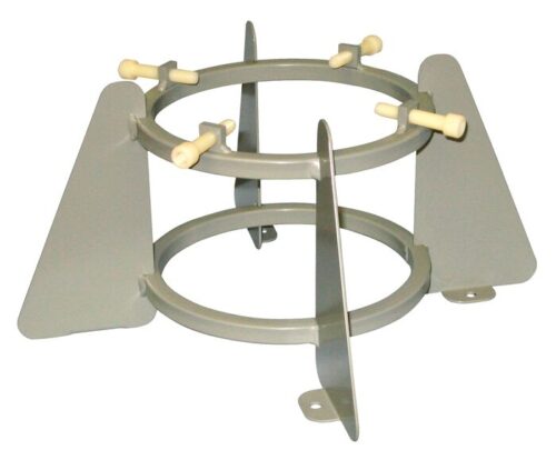 The Justrite Gcyl Stnd,1Cyl,Bch,5-7In is a gray metal rocket stand with two circular rings, adjustable knobs, and triangular fins, ideal for securely holding a 5-7 inch 1-cylinder rocket upright.