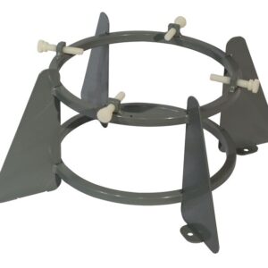 The Justrite Gcyl Stnd, 1Cyl, Bch, 7-8.75In is a gray metal stand with two circular frames and four triangular brackets topped by white adjustment screws, providing a stable base for securely mounting equipment.