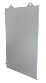 A plain, upright gray metal panel with two top-edge triangular tabs for mounting resembles the Justrite Gcyl Firewallbarrier,1Hr,4Cyl. It features a smooth surface and is intended for structural or protective use.