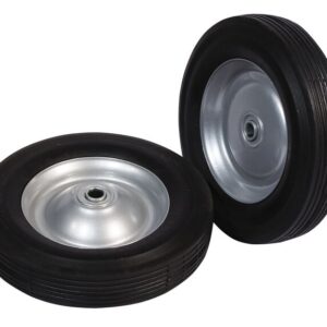 The Justrite Gcyl Reppt 8In wheels feature black rubber with silver metal hubs and a grooved tread pattern, designed for durability and versatility across various terrains. One wheel is shown upright, while the other is flat on its side.