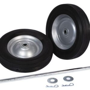 Two black rubber wheels with silver metal centers, akin to parts from the Justrite Gcyl Reppt, Ht, Spwheel/Axl, 8In kit, are beside each other. A silver metal rod and two washers lie in front, completing the setup with two cotter pins.