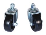 The Justrite Gcyl Reppt, Ht, Swcast, 3Inpst features two black swivel caster wheels with metal brackets and bolts, positioned upright against a crisp white background.