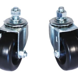 The Justrite Gcyl Reppt, Ht, Swcast, 3Inpst features two black swivel caster wheels with metal brackets and bolts, positioned upright against a crisp white background.