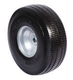 The Justrite Gcyl Reppt, Ht, Ffwhl, 10In features a black rubber wheel with a silver metal hub. It includes a textured tread pattern and embossed sidewall text. The hub has a central hole for potential axle mounting.