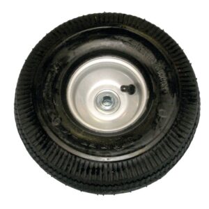 A compact Justrite Gcyl Reppt Fpwhl with a 10In small black rubber wheel, silver metal rim, and visible center axle. The tires textured tread stands out against the plain white background.