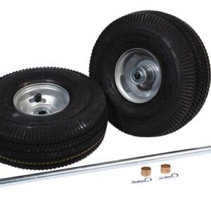 Two black rubber tires with metal rims stand upright. In front, a long metal rod, two small wooden blocks, and two Justrite Gcyl Reppt Fpwl/Axl pins are arranged against a plain white background.