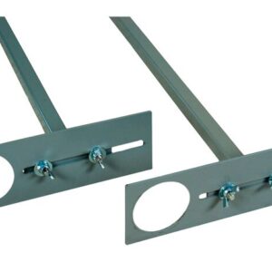 Two metal mounting brackets, similar to the Justrite Gcyl Acc, Ht, Lckgpst, 2Ea, have rectangular plates with circular cutouts. Each plate includes slots for adjustable positioning using bolts and nuts. The brackets are aligned parallel on a white background.