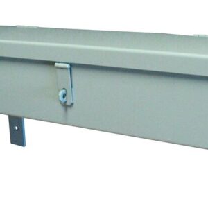 The Justrite Gcyl Acc, Ht, Ltbox, 2Cyl is a gray metal lockbox designed with a hinged lid and central clasp. It includes two sturdy metal supports for easy installation and features a simple yet utilitarian style.