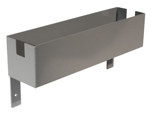 The Justrite Gcyl Acc,Ht,Otbox,2Cyl is a grey wall-mounted metal holder with an open rectangular design and 2Cyl mounting brackets. Sleek and durable, its ideal for storing containers or tools.